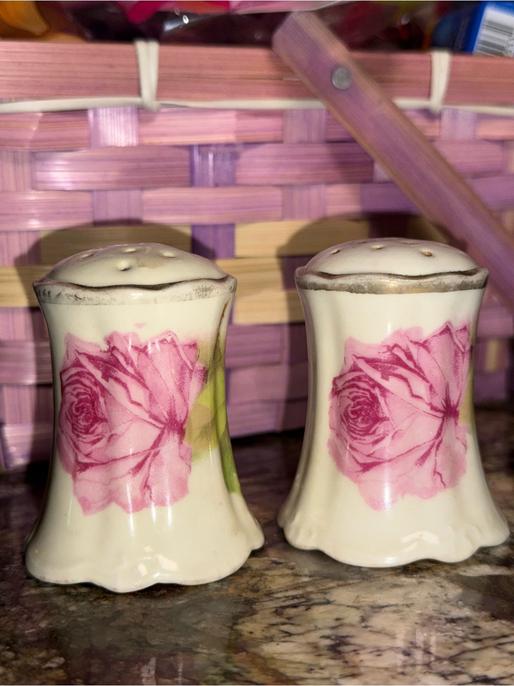 Antique O&EG Royal Austria Pink Rose Porcelain Salt & Pepper Shakers c. 1900